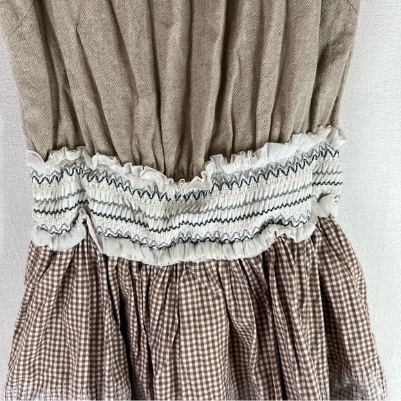 Esley Dress Womens Tan White Linen Cotton Daisy Embroidered Cottage Core Prairie - Picture 6 of 12